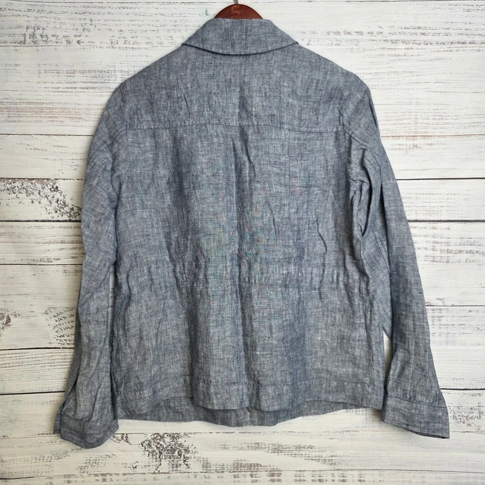J Jill Love‎ Linen Womens XS Chambray Pocket Tie Linen Collared Button Coat Blue